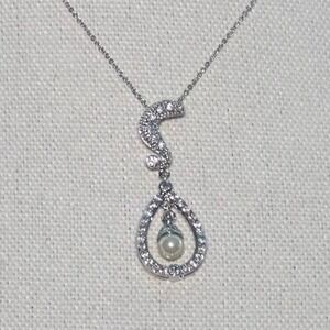Teardrop Faux Pearl Pendant Necklace, Rhinestone Silver Chain (18-20 Inches)